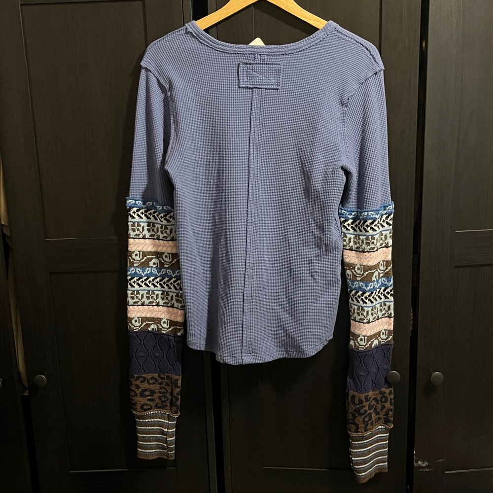 Free People Blue Waffle Knit Long Sleeve Top with Patterned Sleeves - Picture 8 of 8